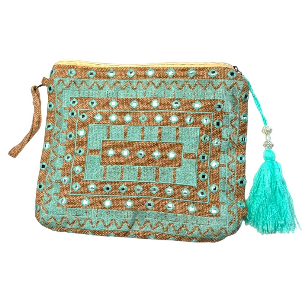 Ranee’s‎ Bohemian Teal Tan jute Clutch with Pom Pom boho bag embroidered beach